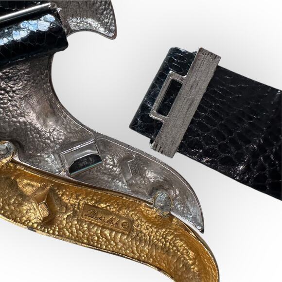 Vtg Alexis Kirk Belt Wave Buckle Gold Silver Black Snake Leather Sculptural 80s main image 10